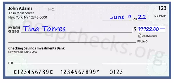 99922.00 dollars written on a check