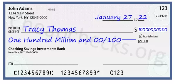 One Hundred Million and 00/100 filled out on a check