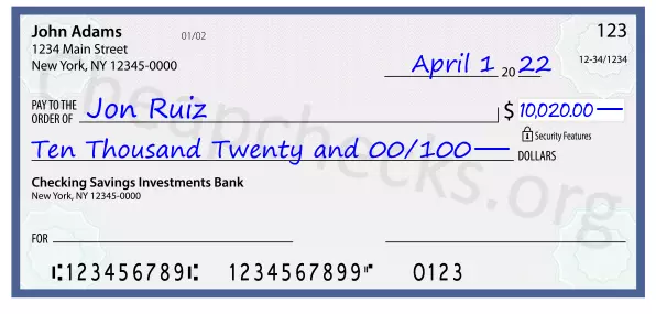 Ten Thousand Twenty and 00/100 filled out on a check