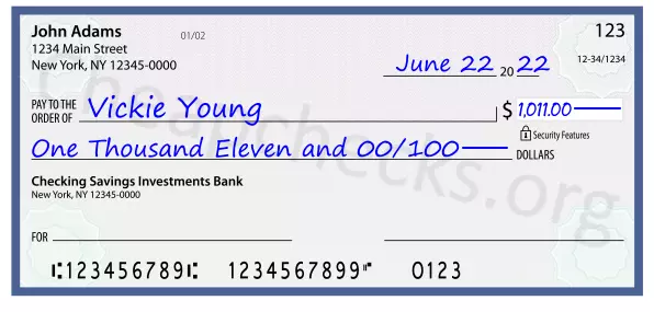 One Thousand Eleven and 00/100 filled out on a check
