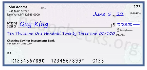 Ten Thousand One Hundred Twenty Three and 00/100 filled out on a check