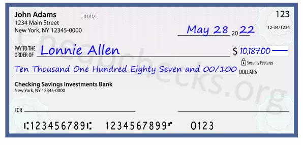 Ten Thousand One Hundred Eighty Seven and 00/100 filled out on a check