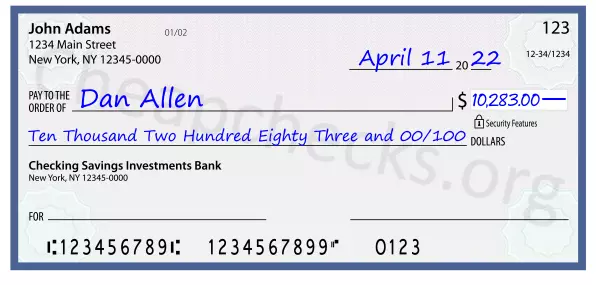 Ten Thousand Two Hundred Eighty Three and 00/100 filled out on a check