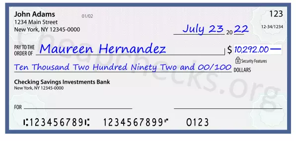 Ten Thousand Two Hundred Ninety Two and 00/100 filled out on a check