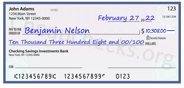 Ten Thousand Three Hundred Eight and 00/100 filled out on a check