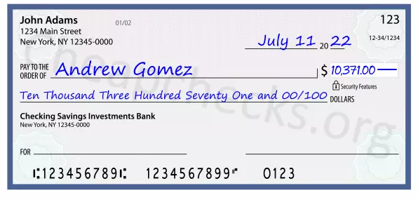 Ten Thousand Three Hundred Seventy One and 00/100 filled out on a check