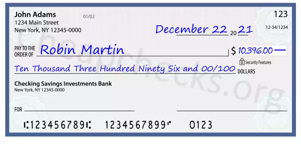 Ten Thousand Three Hundred Ninety Six and 00/100 filled out on a check