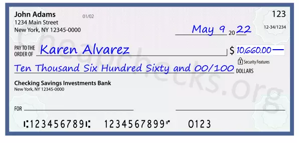 Ten Thousand Six Hundred Sixty and 00/100 filled out on a check