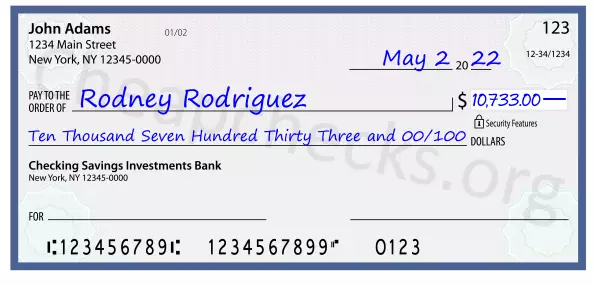 Ten Thousand Seven Hundred Thirty Three and 00/100 filled out on a check