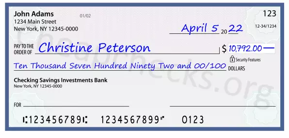 Ten Thousand Seven Hundred Ninety Two and 00/100 filled out on a check