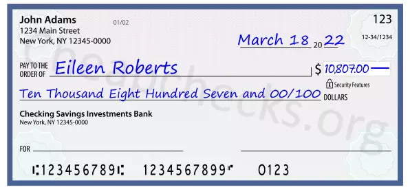 Ten Thousand Eight Hundred Seven and 00/100 filled out on a check