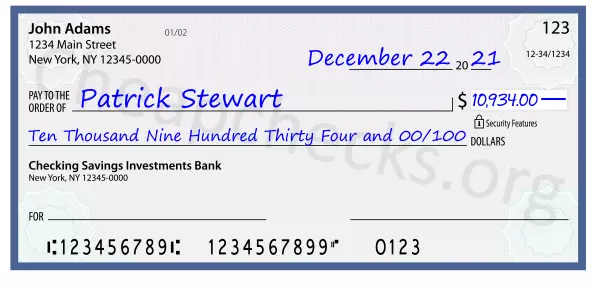 Ten Thousand Nine Hundred Thirty Four and 00/100 filled out on a check