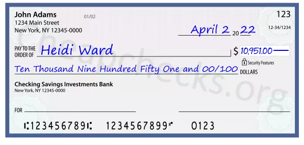 Ten Thousand Nine Hundred Fifty One and 00/100 filled out on a check