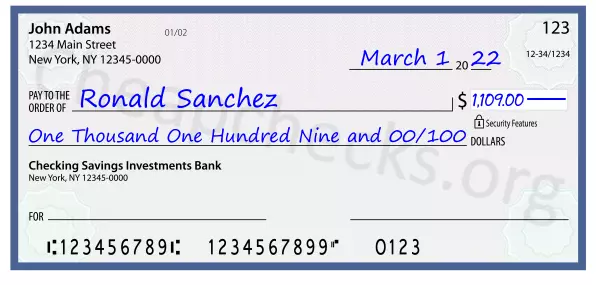 One Thousand One Hundred Nine and 00/100 filled out on a check