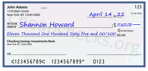 Eleven Thousand One Hundred Sixty Five and 00/100 filled out on a check