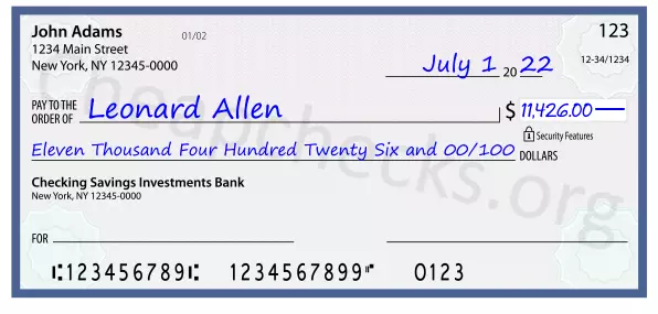 Eleven Thousand Four Hundred Twenty Six and 00/100 filled out on a check