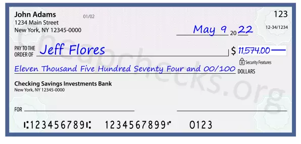 Eleven Thousand Five Hundred Seventy Four and 00/100 filled out on a check