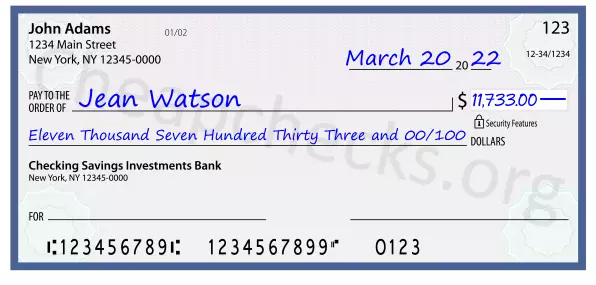 Eleven Thousand Seven Hundred Thirty Three and 00/100 filled out on a check