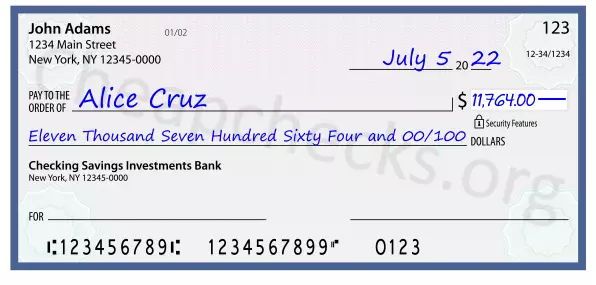 Eleven Thousand Seven Hundred Sixty Four and 00/100 filled out on a check