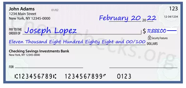 Eleven Thousand Eight Hundred Eighty Eight and 00/100 filled out on a check