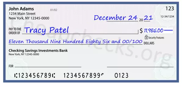 Eleven Thousand Nine Hundred Eighty Six and 00/100 filled out on a check