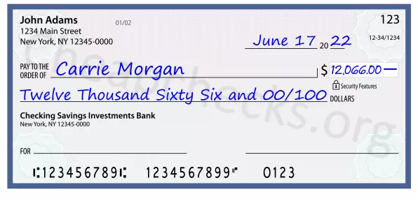 Twelve Thousand Sixty Six and 00/100 filled out on a check