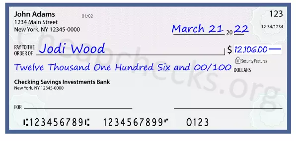 Twelve Thousand One Hundred Six and 00/100 filled out on a check