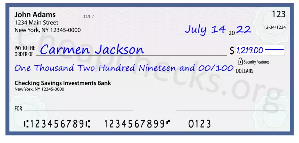 One Thousand Two Hundred Nineteen and 00/100 filled out on a check