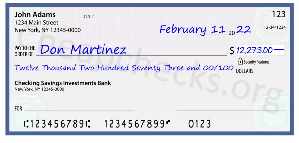 Twelve Thousand Two Hundred Seventy Three and 00/100 filled out on a check