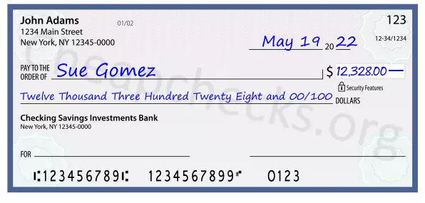 Twelve Thousand Three Hundred Twenty Eight and 00/100 filled out on a check