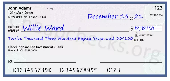 Twelve Thousand Three Hundred Eighty Seven and 00/100 filled out on a check