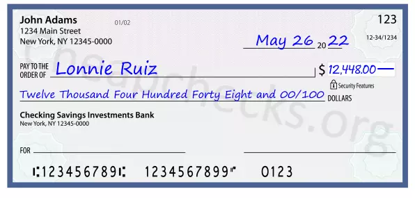 Twelve Thousand Four Hundred Forty Eight and 00/100 filled out on a check