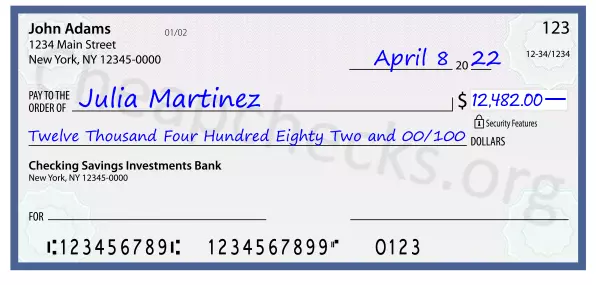 Twelve Thousand Four Hundred Eighty Two and 00/100 filled out on a check