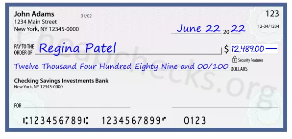 Twelve Thousand Four Hundred Eighty Nine and 00/100 filled out on a check