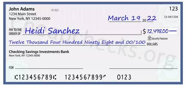 Twelve Thousand Four Hundred Ninety Eight and 00/100 filled out on a check