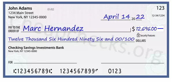 Twelve Thousand Six Hundred Ninety Six and 00/100 filled out on a check