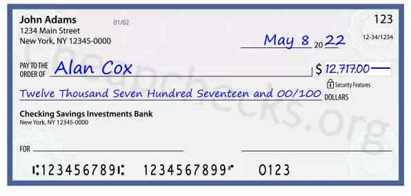 Twelve Thousand Seven Hundred Seventeen and 00/100 filled out on a check