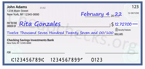 Twelve Thousand Seven Hundred Twenty Seven and 00/100 filled out on a check