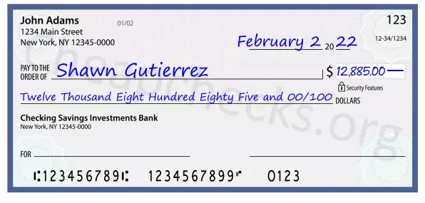 Twelve Thousand Eight Hundred Eighty Five and 00/100 filled out on a check