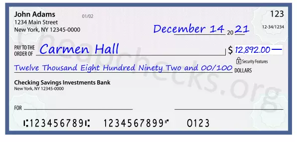 Twelve Thousand Eight Hundred Ninety Two and 00/100 filled out on a check