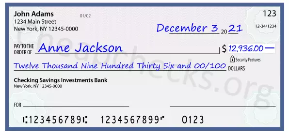 Twelve Thousand Nine Hundred Thirty Six and 00/100 filled out on a check