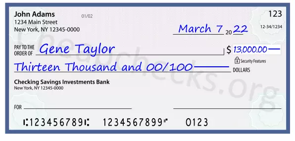Thirteen Thousand and 00/100 filled out on a check