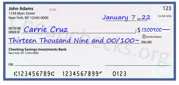 Thirteen Thousand Nine and 00/100 filled out on a check