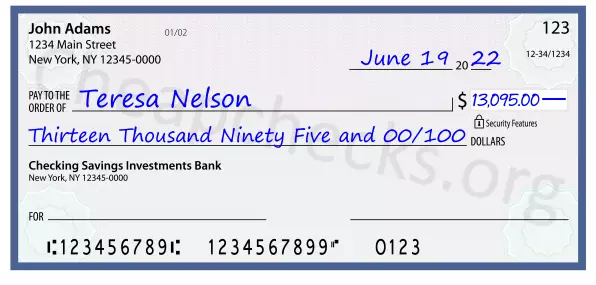 Thirteen Thousand Ninety Five and 00/100 filled out on a check