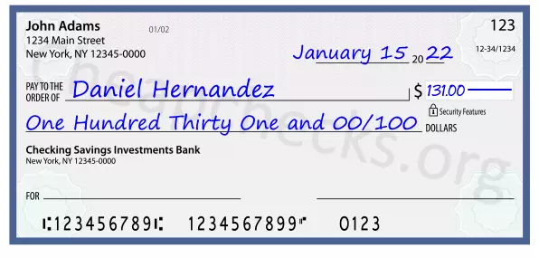 One Hundred Thirty One and 00/100 filled out on a check