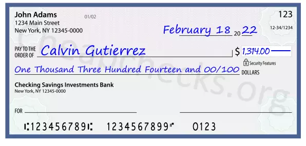 One Thousand Three Hundred Fourteen and 00/100 filled out on a check