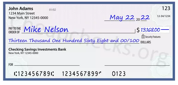 Thirteen Thousand One Hundred Sixty Eight and 00/100 filled out on a check