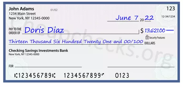 Thirteen Thousand Six Hundred Twenty One and 00/100 filled out on a check