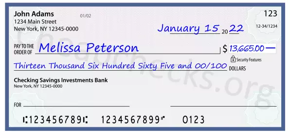 Thirteen Thousand Six Hundred Sixty Five and 00/100 filled out on a check