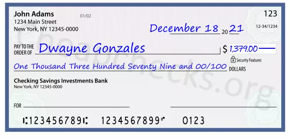 One Thousand Three Hundred Seventy Nine and 00/100 filled out on a check